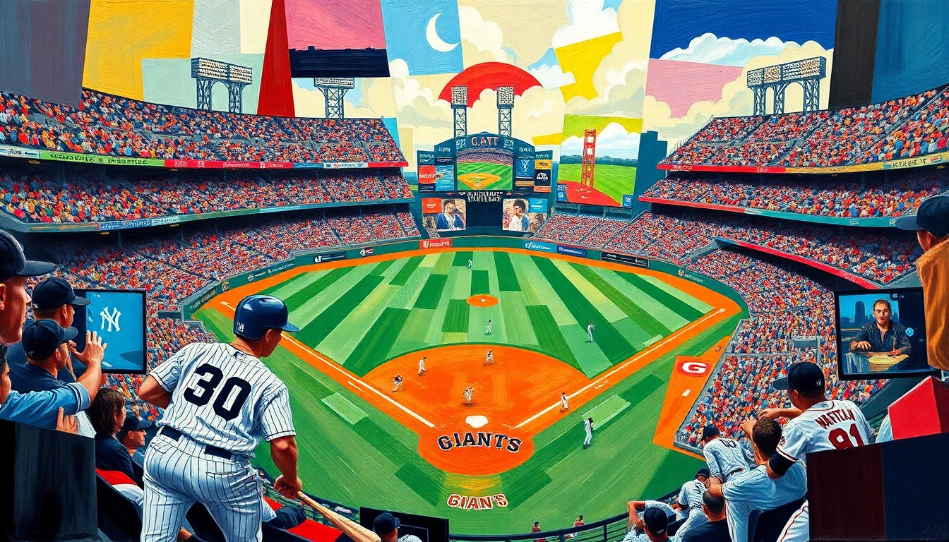 A cubist, fragmented painting depicting a baseball game between the New York Yankees and San Francisco Giants, with the players and stadium environment broken down into sharp, overlapping geometric shapes and planes of color.