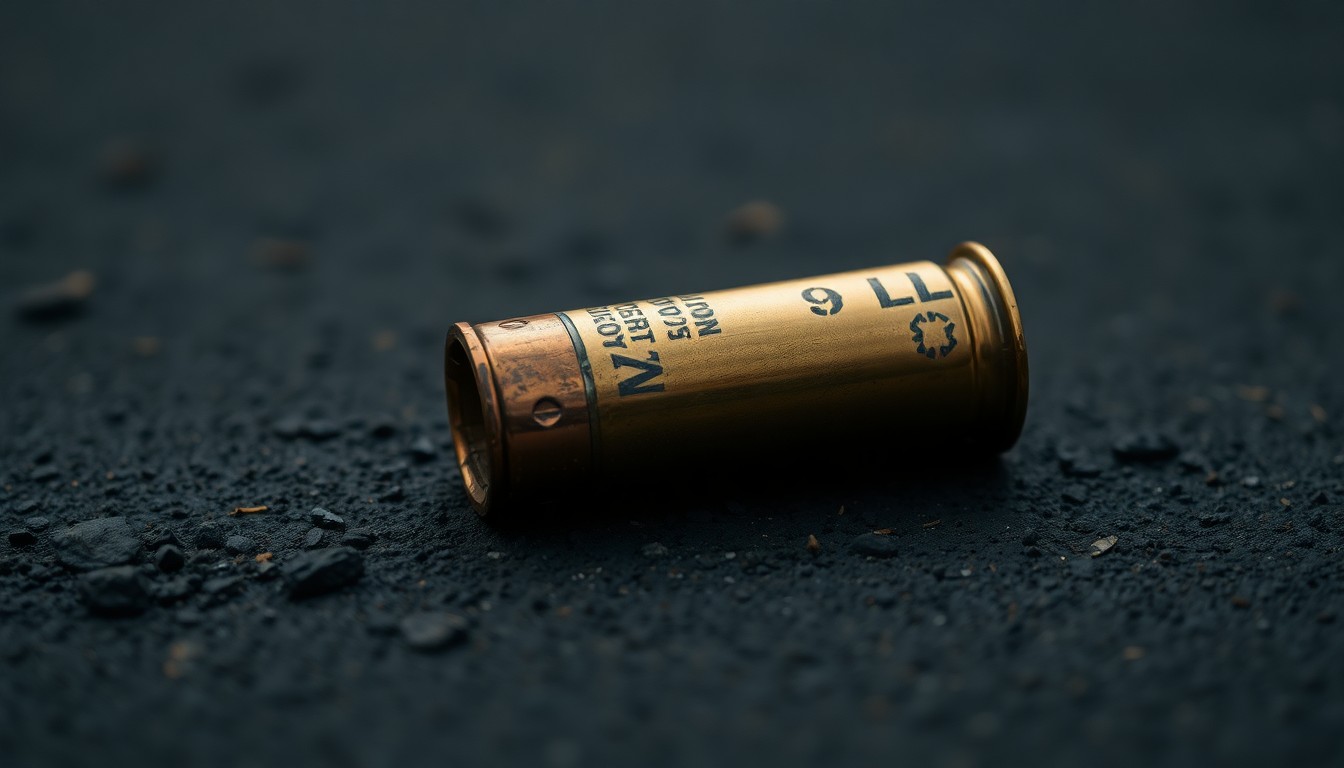 An extreme close-up photograph of a spent shell casing on a dark, textured surface, conceptually representing the grim evidence of a deadly shooting incident.