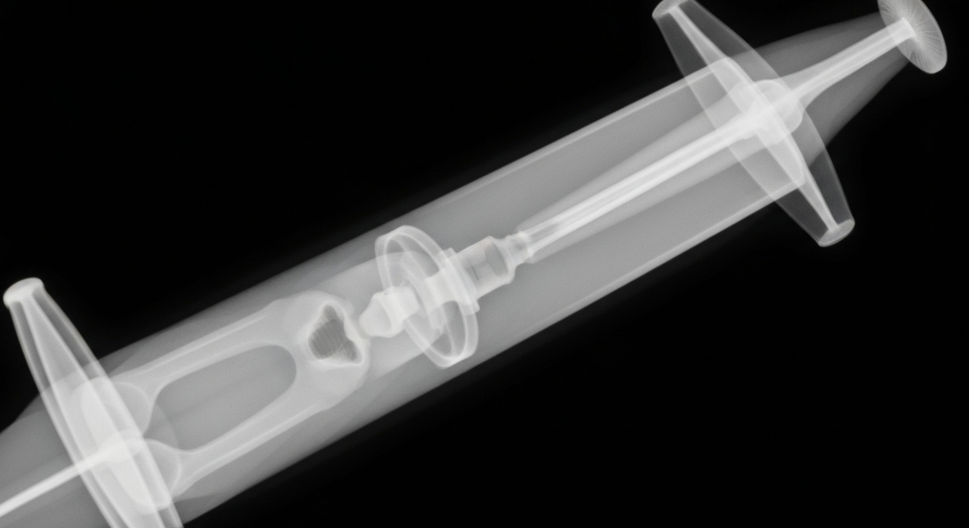 A translucent X-ray photograph showing the internal structure of a medical syringe or other health-related object, conceptually representing the complex operations of the local public health department.