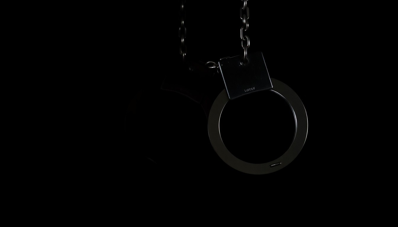 An extreme close-up photograph of a pair of metal handcuffs against a stark black background, the harsh lighting creating dramatic shadows and textures to convey a serious, investigative tone around the issue of sexual assault.