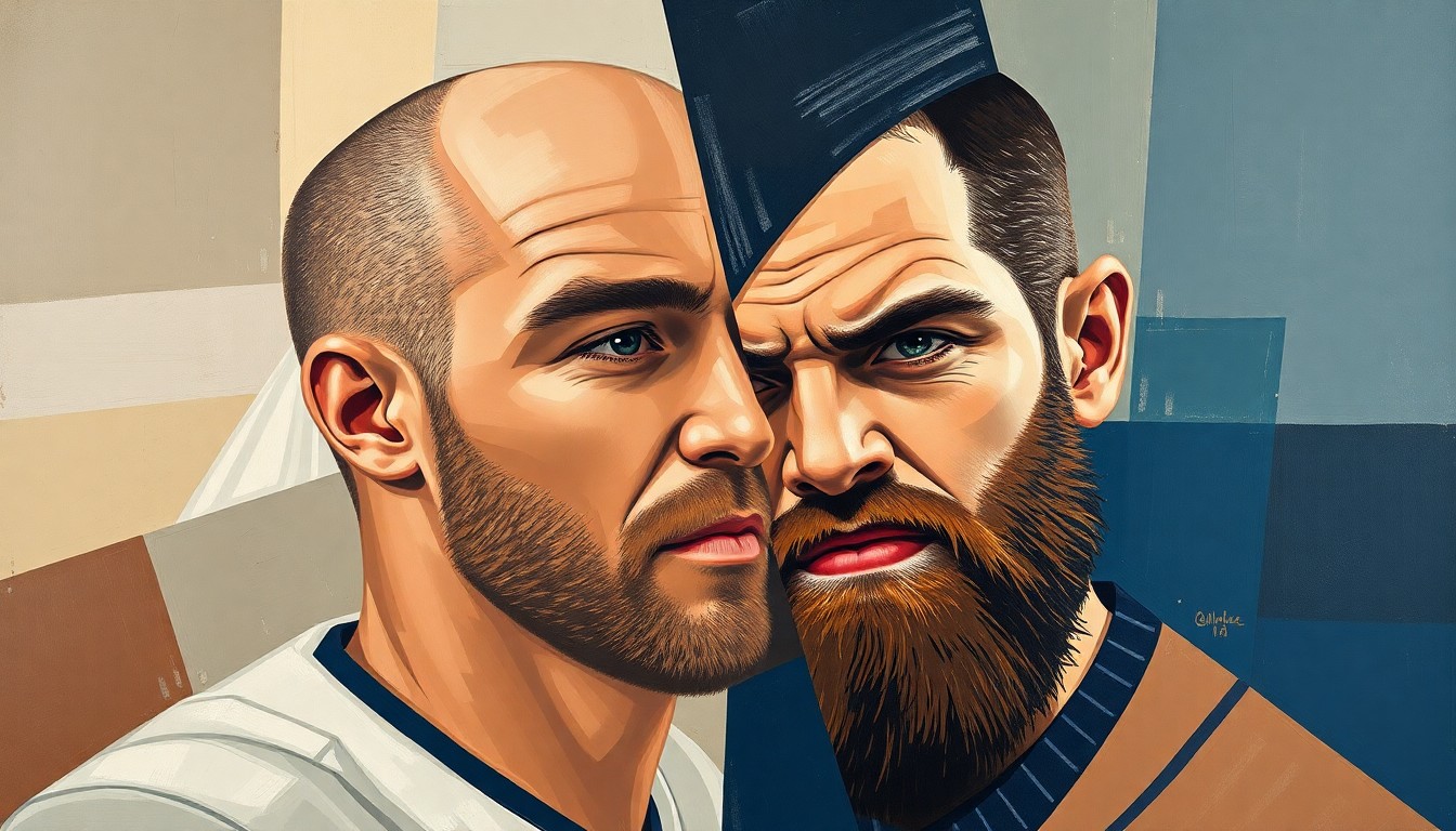 A fragmented, geometric painting in muted earth tones and deep blues, depicting the contrast between a wedding celebration and intense athletic training through sharp, overlapping planes.