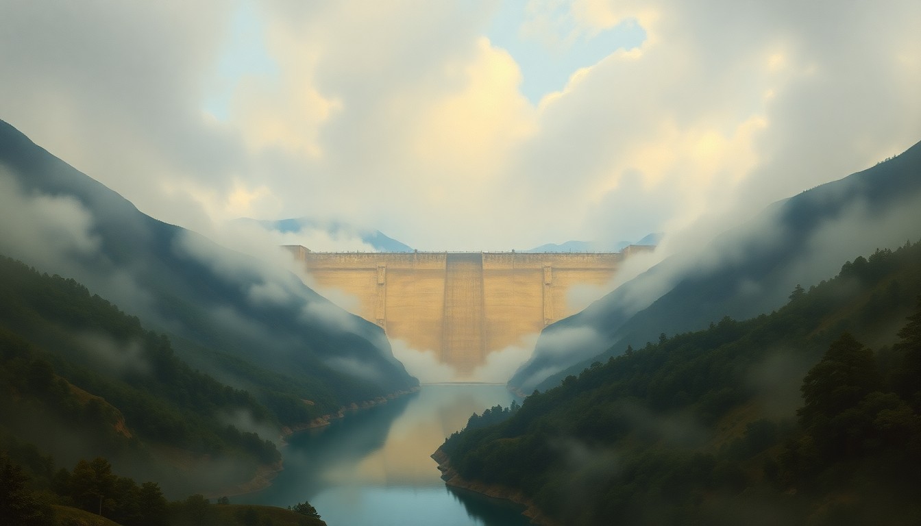A vast, atmospheric landscape painting depicting the Mount Morris Dam surrounded by a dramatic, fog-shrouded Genesee River valley, conveying the overwhelming scale of the natural environment and the dam's role in managing the region's powerful waterways.