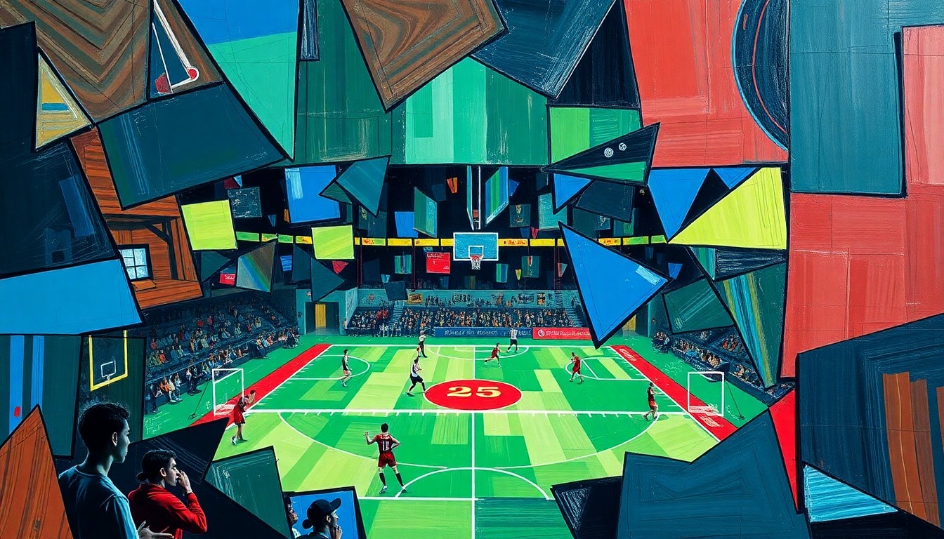 A cubist, geometric painting depicting a high school sports competition, with overlapping planes of color and form representing the dynamic action and energy of the game.