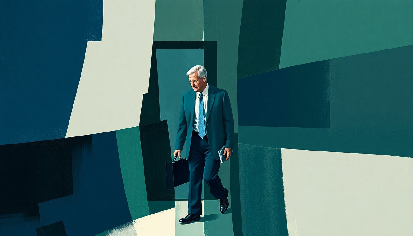 An abstract, fragmented painting in shades of blue, green, and grey depicting the blurred, overlapping figure of a politician leaving a legislative chamber, conveying a sense of disruption and dysfunction within the state government.