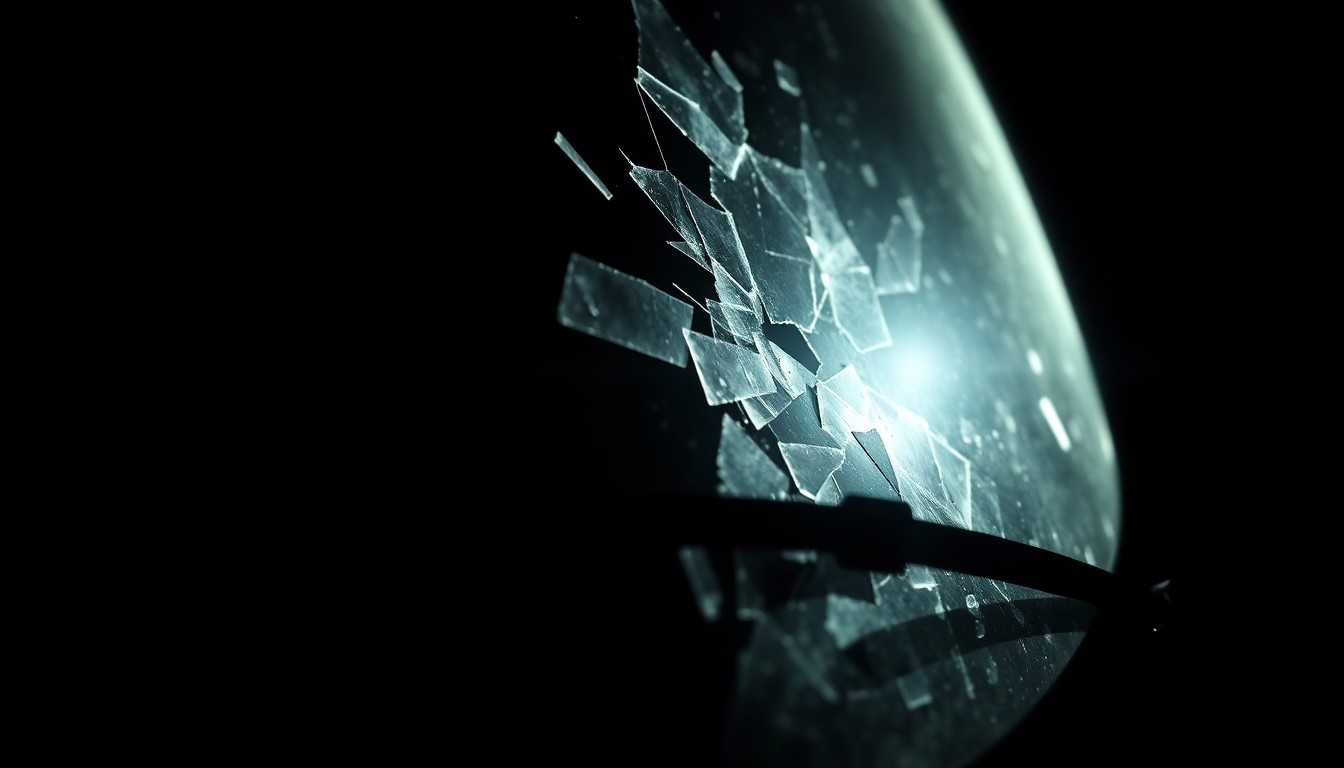 An extreme close-up photograph of a shattered car windshield or damaged vehicle part, conveying the stark, gritty aftermath of a fatal traffic accident.