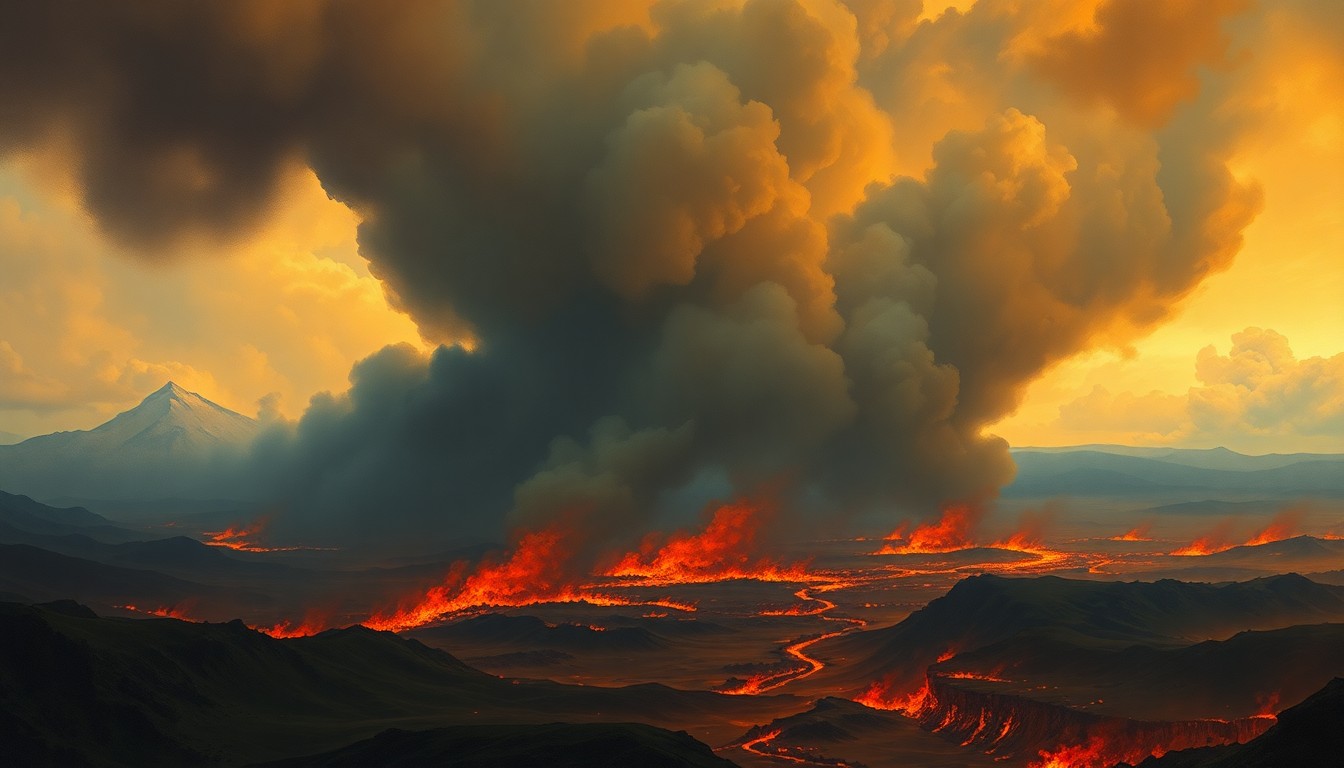 A vast, atmospheric landscape painting depicting a raging fire, with flames and thick smoke consuming the scene and dwarfing any physical structures or objects in the frame. The dramatic, sublime composition conveys the overwhelming power of the natural disaster.