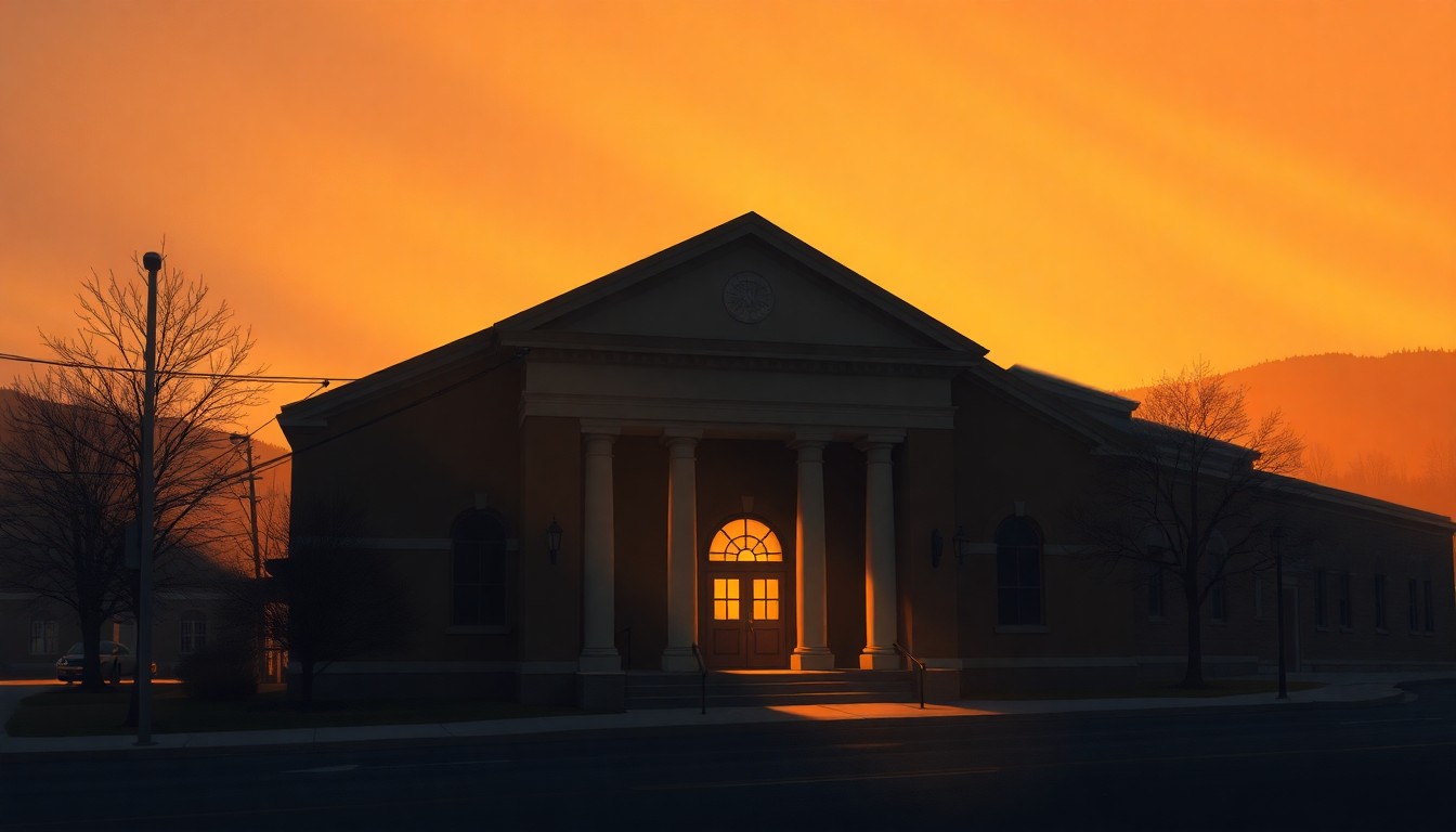 A serene, photorealistic painting of the Elkins City Hall building, its facade illuminated by warm, golden sunlight streaming through the windows, casting deep shadows across the structure and creating a contemplative, nostalgic atmosphere.