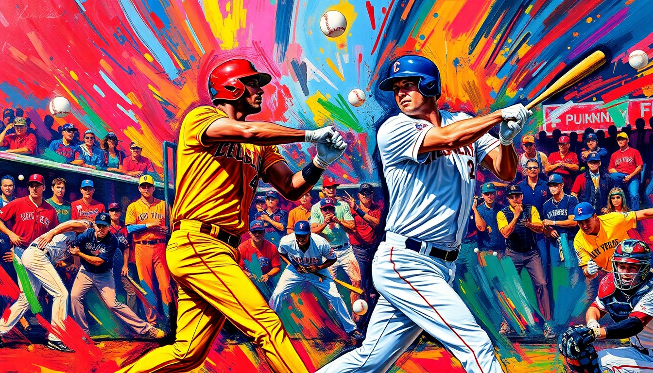 An abstract, energetic painting featuring bold brushstrokes of neon orange, yellow, and pink, capturing the dynamic motion and power of baseball players swinging bats.