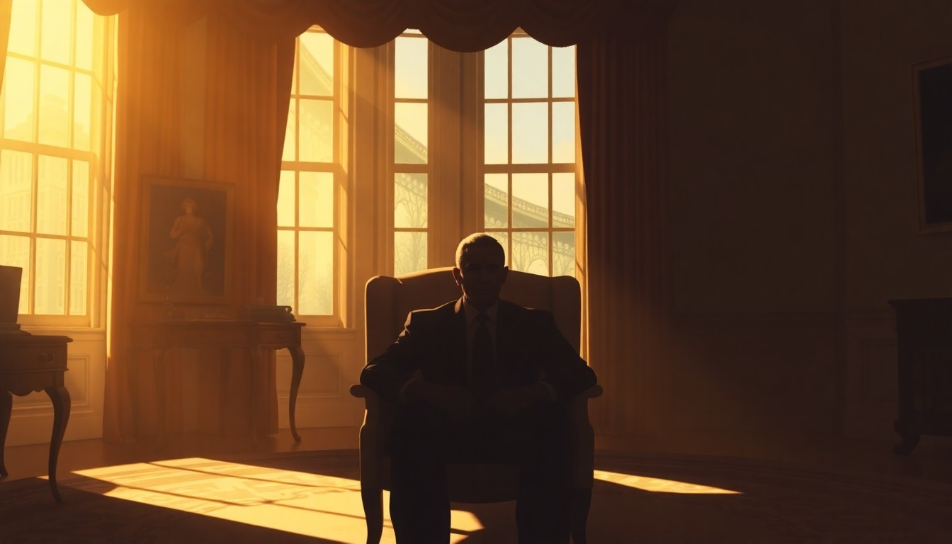 A cinematic painting of a solitary figure seated in the Oval Office, the room bathed in warm, diagonal sunlight and deep shadows, conveying a sense of quiet contemplation and unease surrounding the president's response to controversial events.