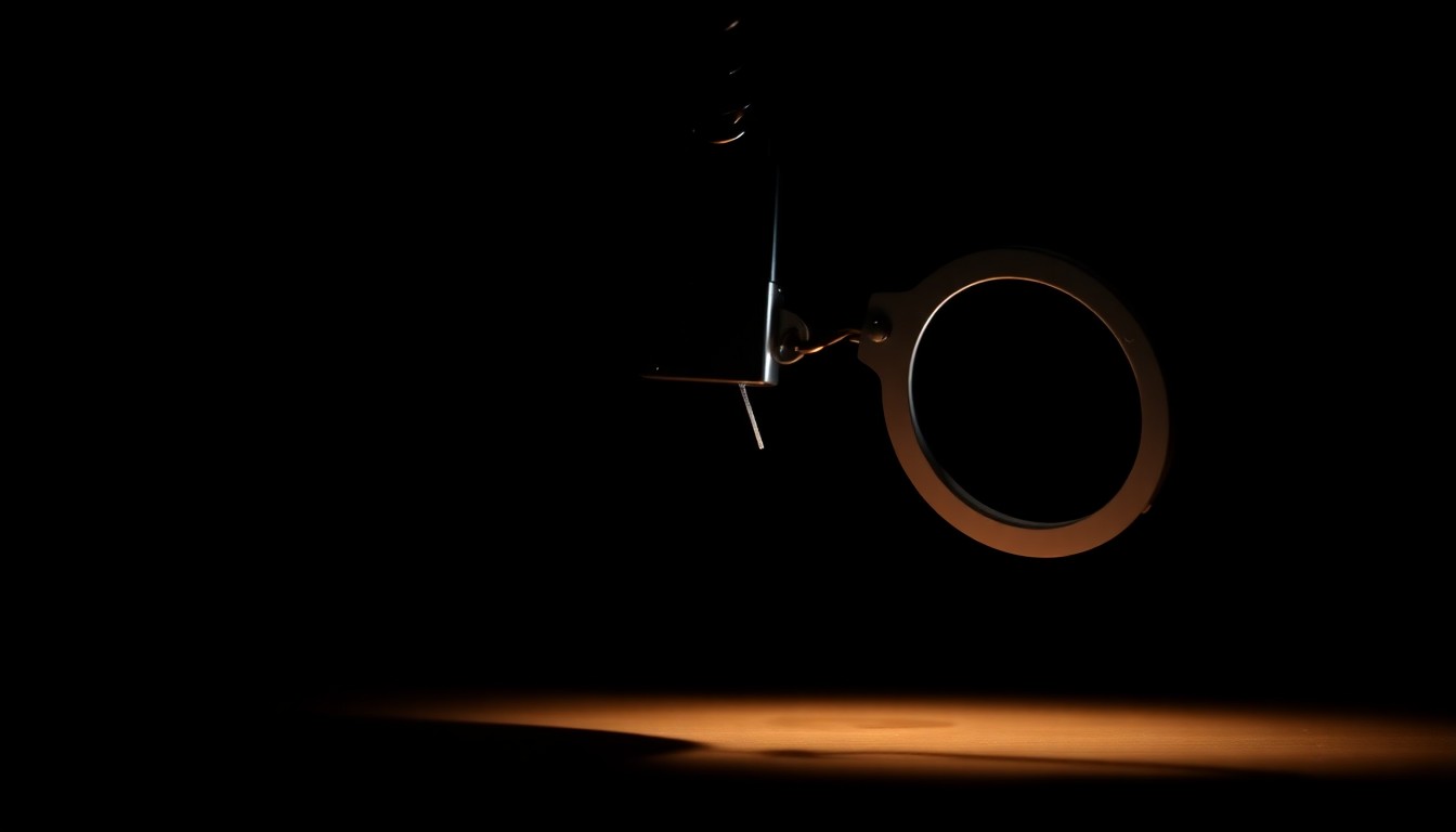 An extreme close-up photograph of a single handcuff, lit by a harsh, direct camera flash against a pitch-black background, conceptually representing the arrest and investigation into a missing persons case.