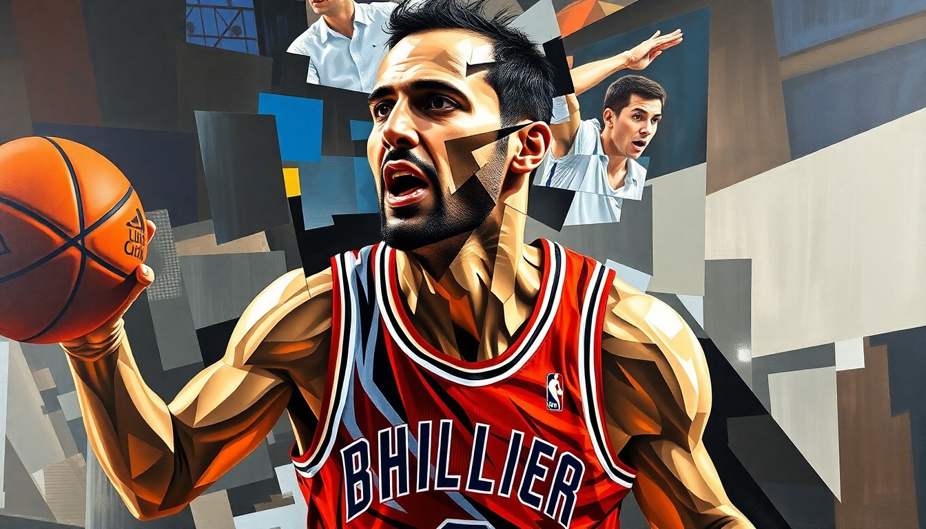 A fragmented, geometric painting depicting the dynamic movements of a basketball player, with sharp planes of color and form representing the sport's intensity.