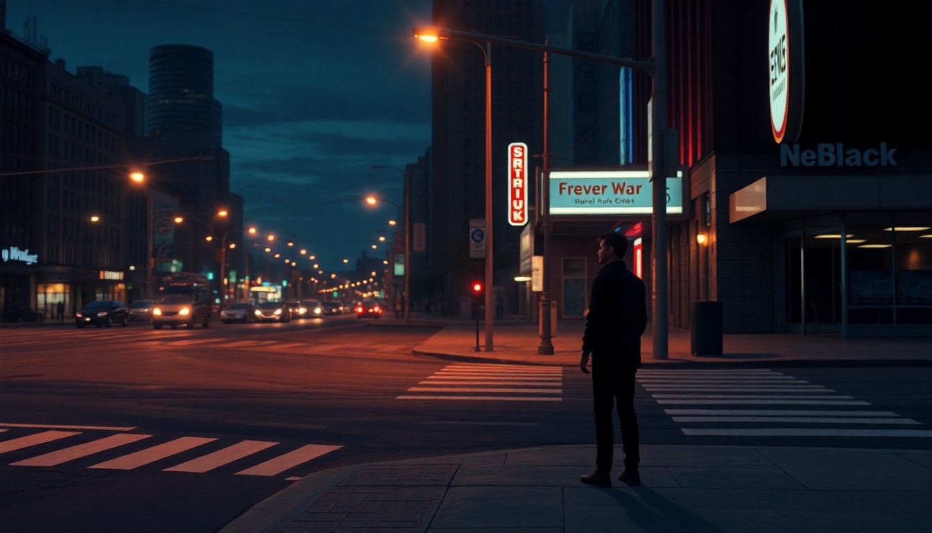 A solitary, pensive figure standing alone on a city street corner at dusk, with the faint glow of streetlights and neon signs casting long shadows, conveying a quiet, melancholic mood about the uncertainty and unease around the prospect of another 'forever war'.