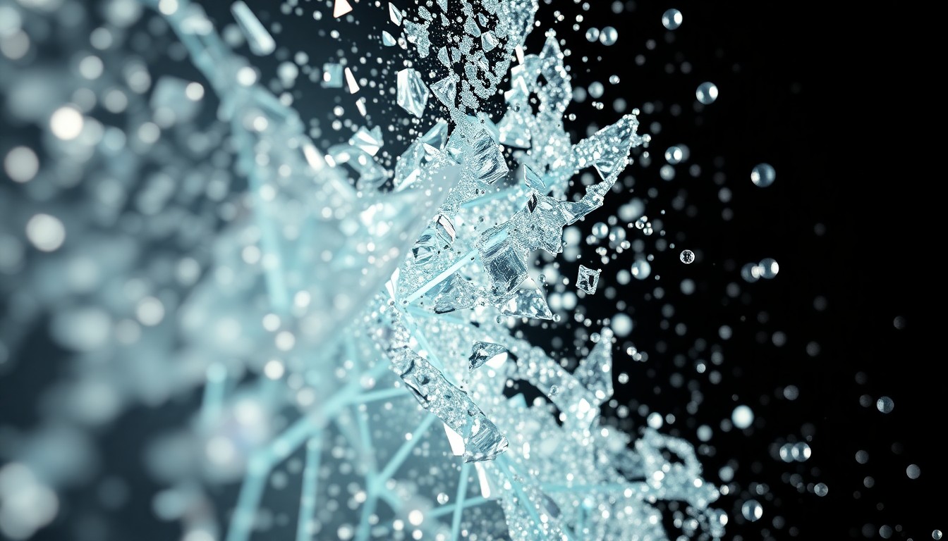 An extreme close-up of shattered glass and glittering sequins in dramatic, high-contrast studio lighting, conceptually representing the intense online backlash and 'digital violence' surrounding the legal battle between the two actors.