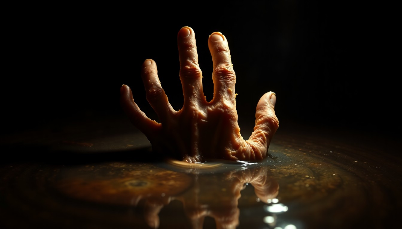 An extreme close-up photograph of a mummified human hand partially submerged in murky creek water, the harsh flash illuminating the weathered, leathery texture of the skin in stark detail against the pitch-black background, conceptually representing the somber discovery of a missing person's remains.