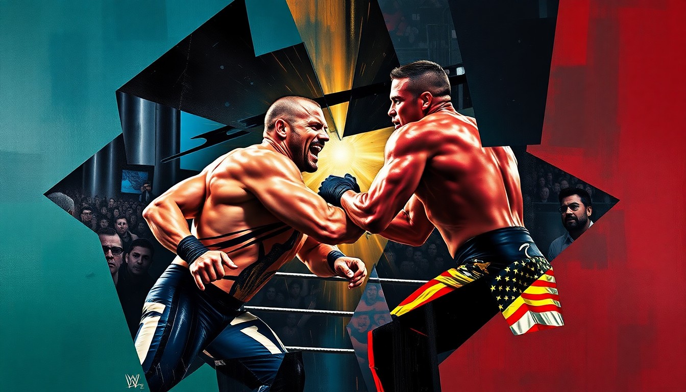 A cubist, geometric painting depicting the intense action of a WWE wrestling match, with the figures of the wrestlers broken down into overlapping planes of color and shape, conveying the dynamic energy and high stakes of the upcoming WrestleMania event.