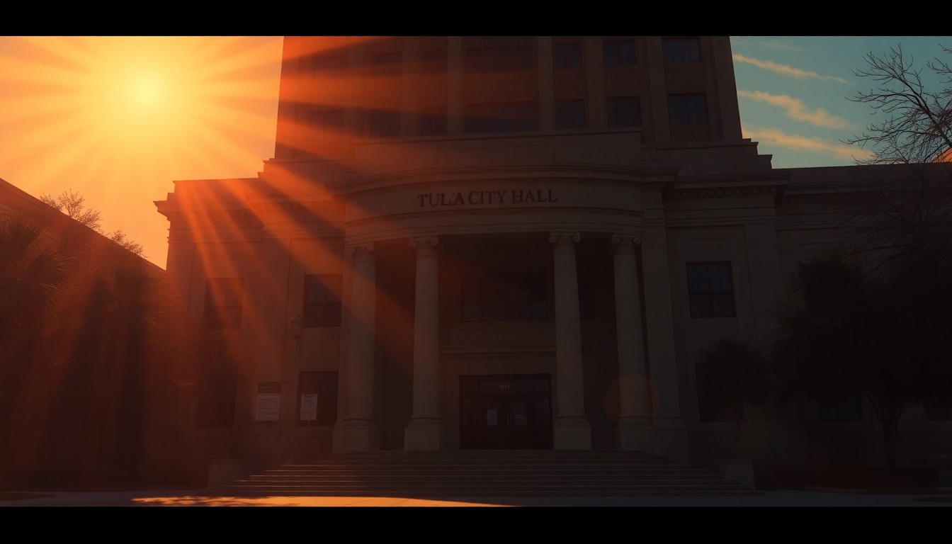 A realistic oil painting of the exterior of a government building, with warm sunlight casting long shadows across the facade and steps. The scene has a contemplative, serious mood, reflecting the gravity of the city's governing process.
