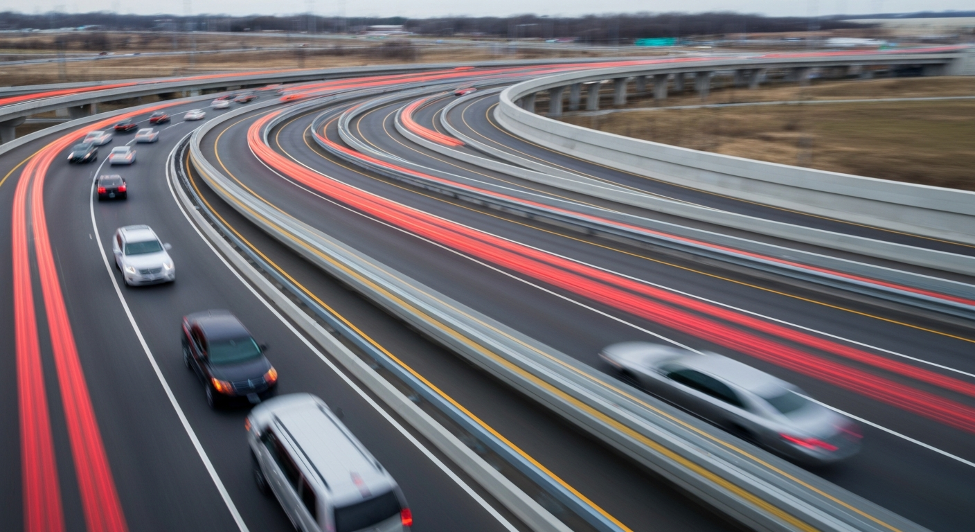 An abstract, sweeping photograph in vibrant colors depicting the motion of vehicles flowing through a newly opened flyover ramp, conceptually representing the improved traffic flow at a complex highway interchange.