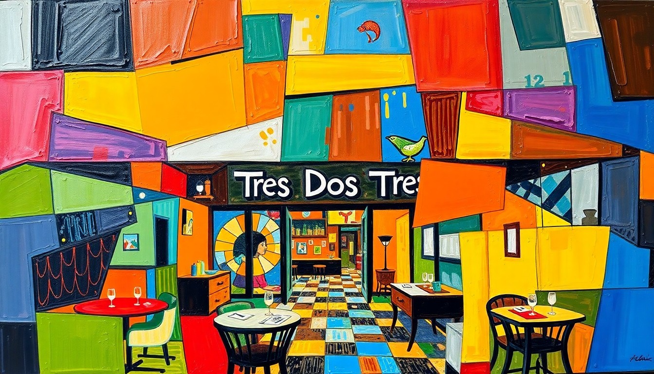 A cubist, geometric painting in bright colors representing the opening of a new Mexican restaurant, with overlapping planes and shapes conveying a sense of energy and community spirit.