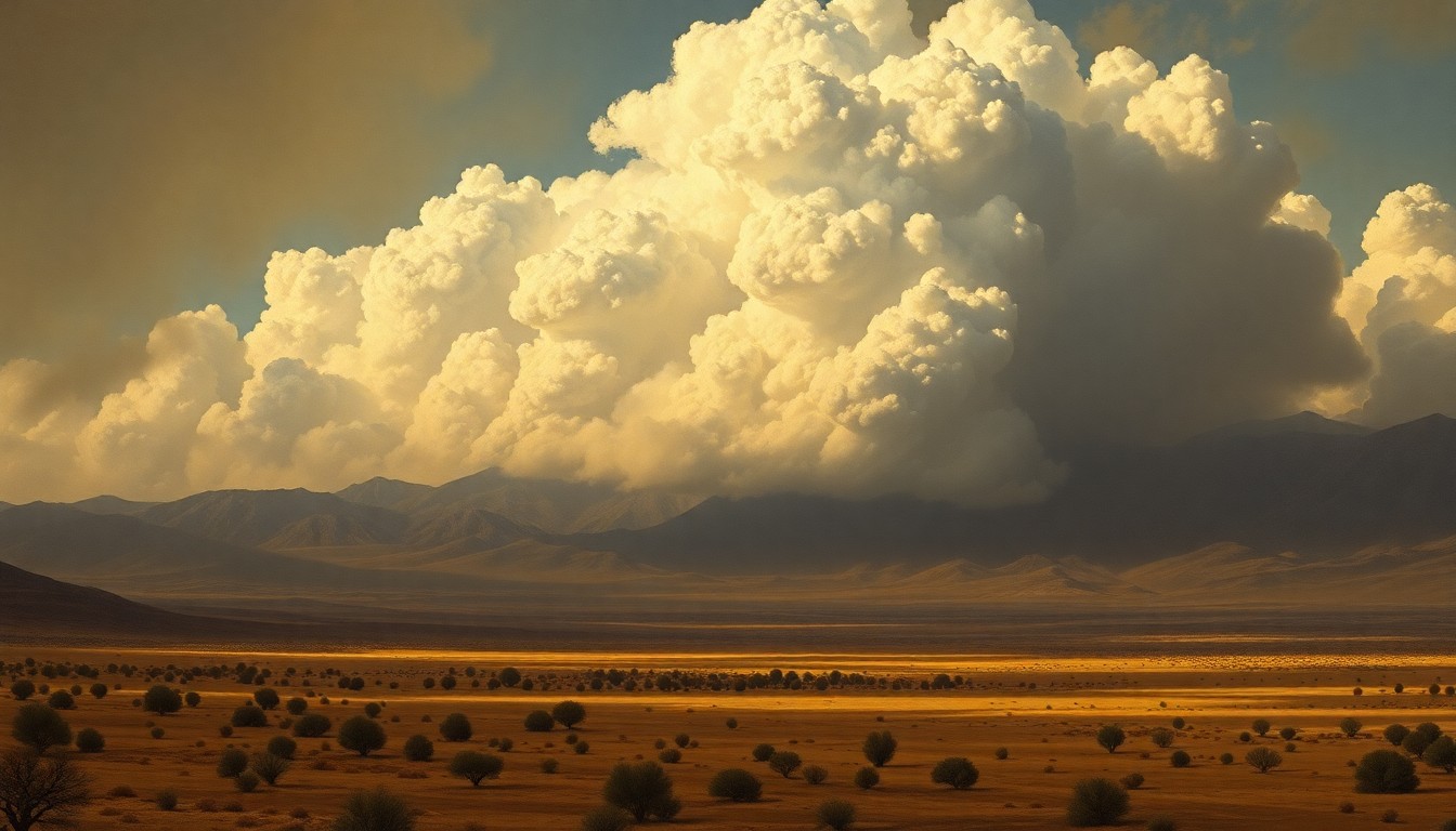 A vast, atmospheric landscape painting depicting a dry, arid California terrain dwarfed by a towering, ominous cloud formation, conveying the overwhelming scale and foreboding mood of the state's worsening wildfire conditions.