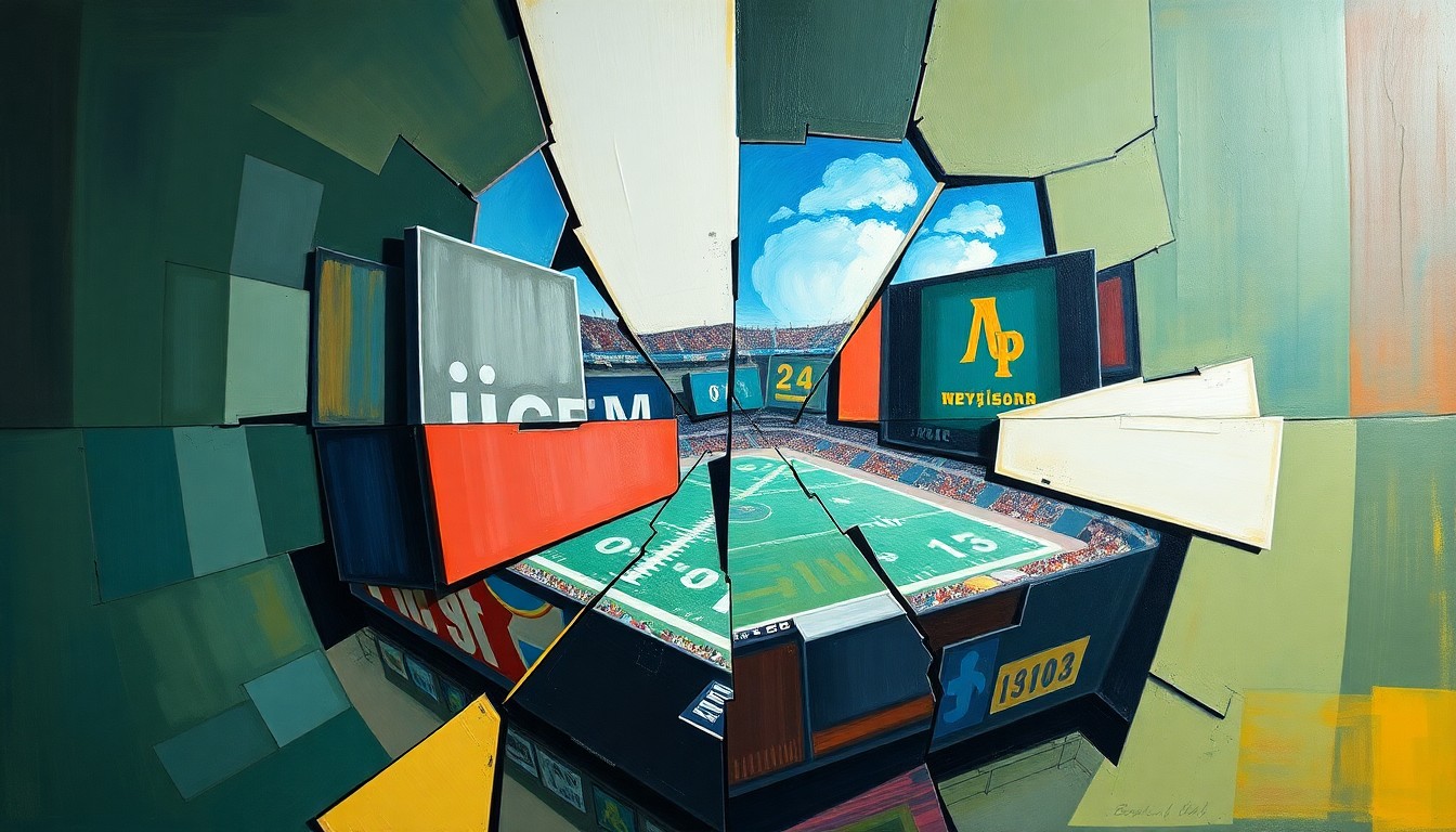 A fragmented, abstract painting in Cubist style, with sharp geometric shapes and planes in shades of blue, green, and orange, conceptually representing the complex legal and regulatory issues surrounding online sports betting platforms.