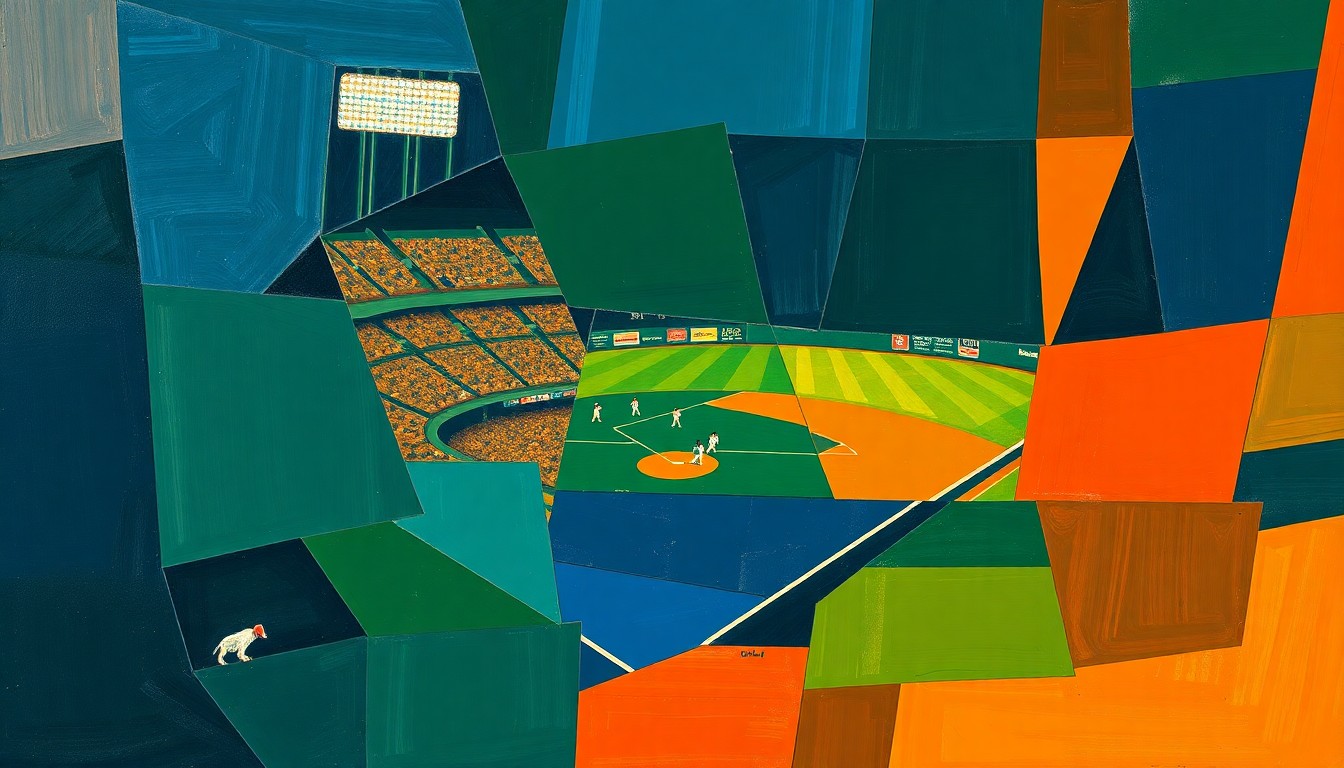 A fragmented, geometric painting depicting a baseball game, with sharp planes of navy, green, and orange overlapping to create a sense of motion and energy on the field.