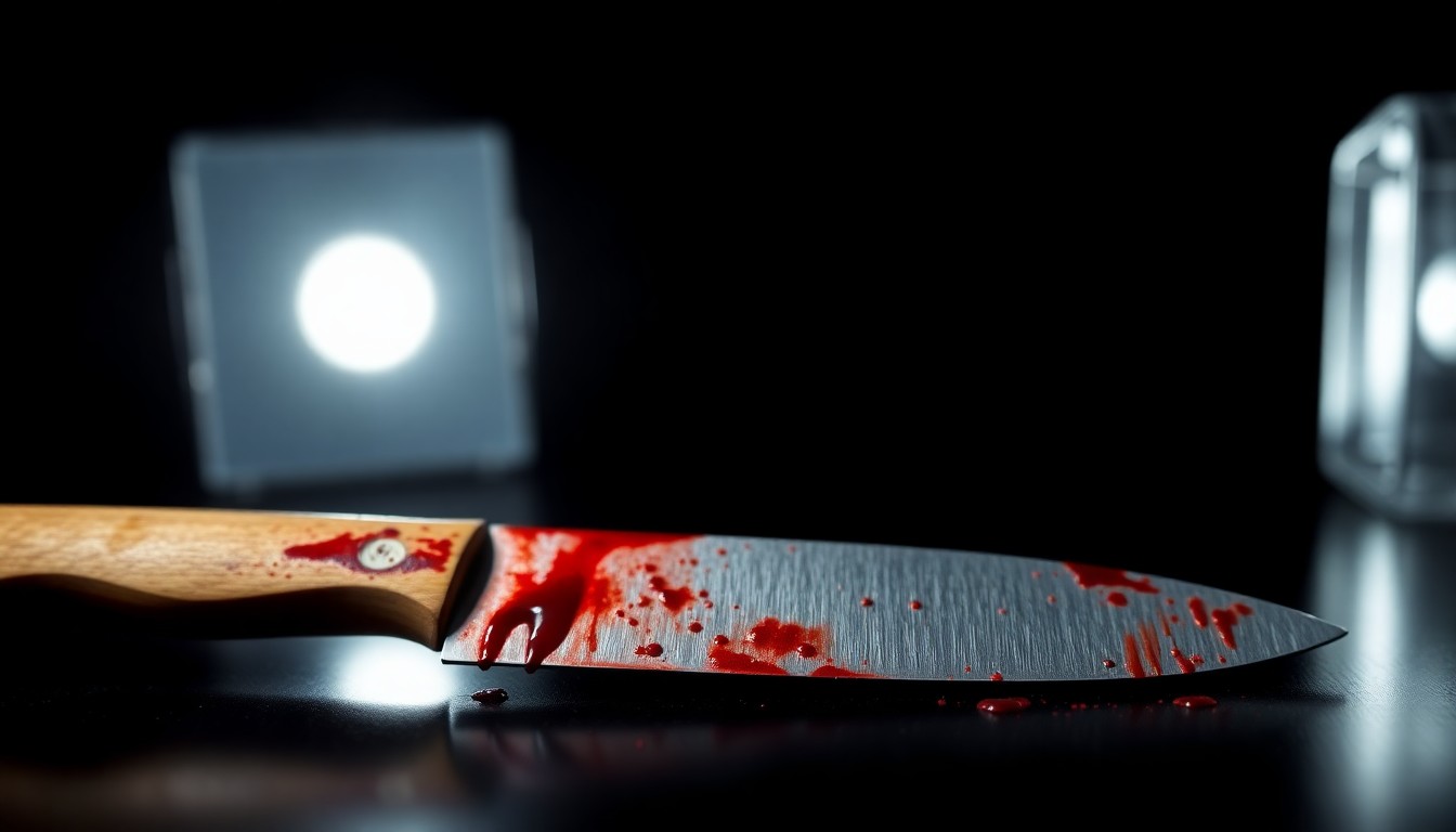 An extreme close-up of a bloodied kitchen knife, the harsh flash creating a stark, gritty image that conceptually represents the violence and tragedy of this domestic homicide case.