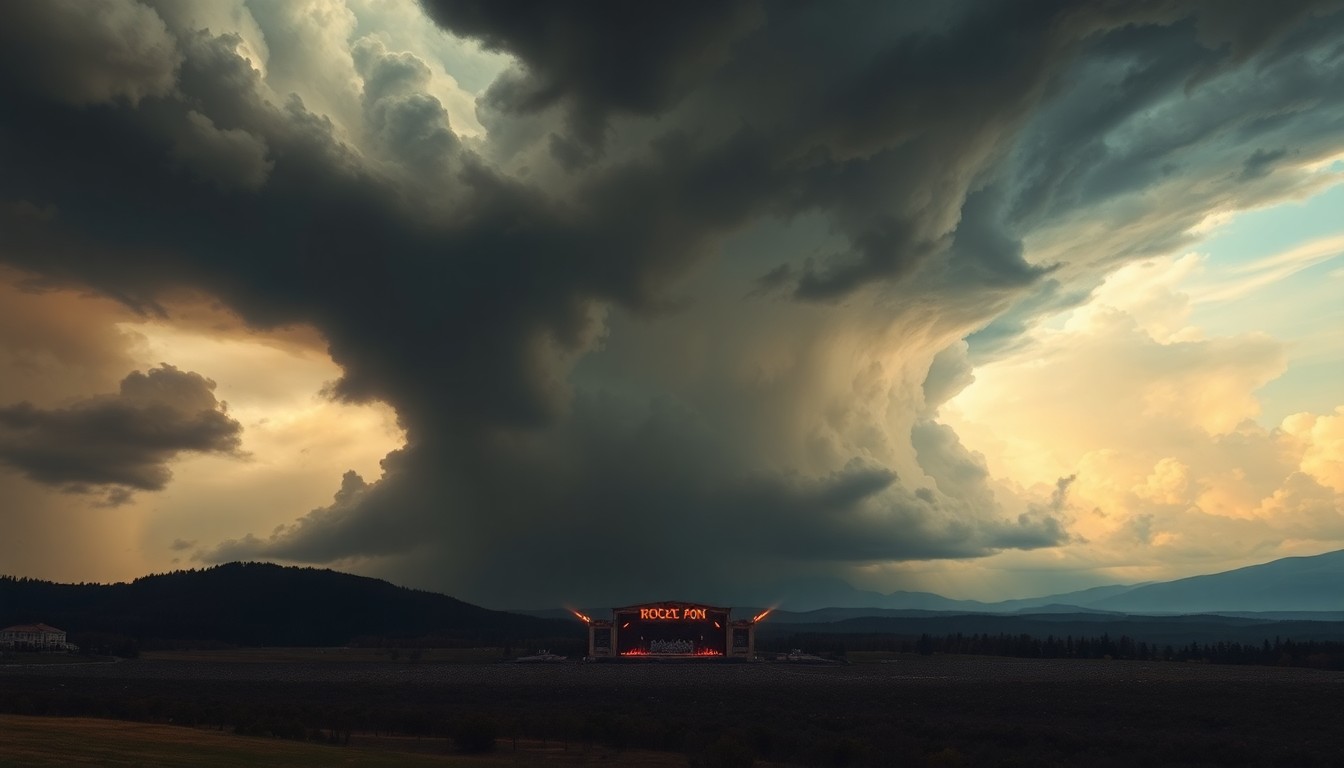A vast, atmospheric landscape painting depicting a massive, swirling storm system dominating the sky over a small concert venue in the distance, conveying the overwhelming scale and power of extreme weather conditions.