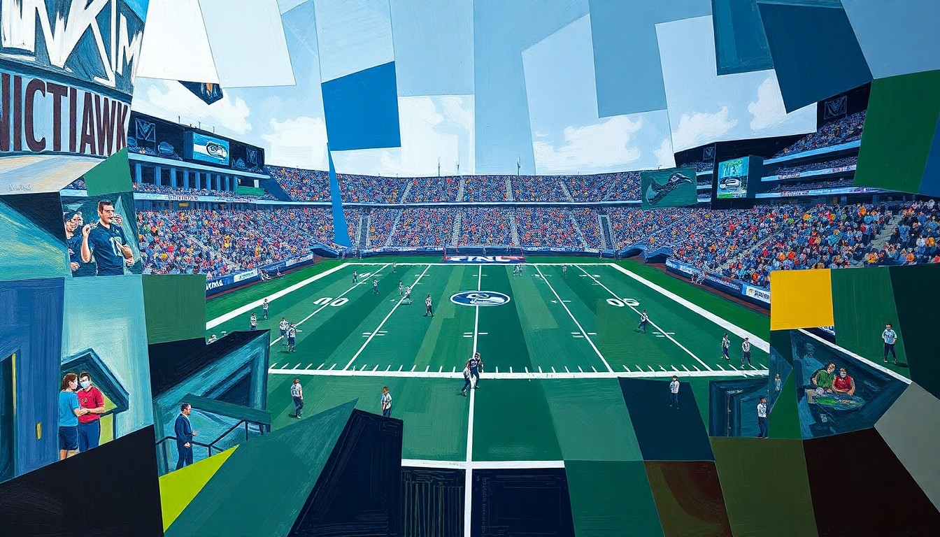 A cubist, geometric painting depicting fragmented, overlapping shapes and planes representing a Seahawks football game or practice, conveying the energy and intensity of the team's offseason preparations.