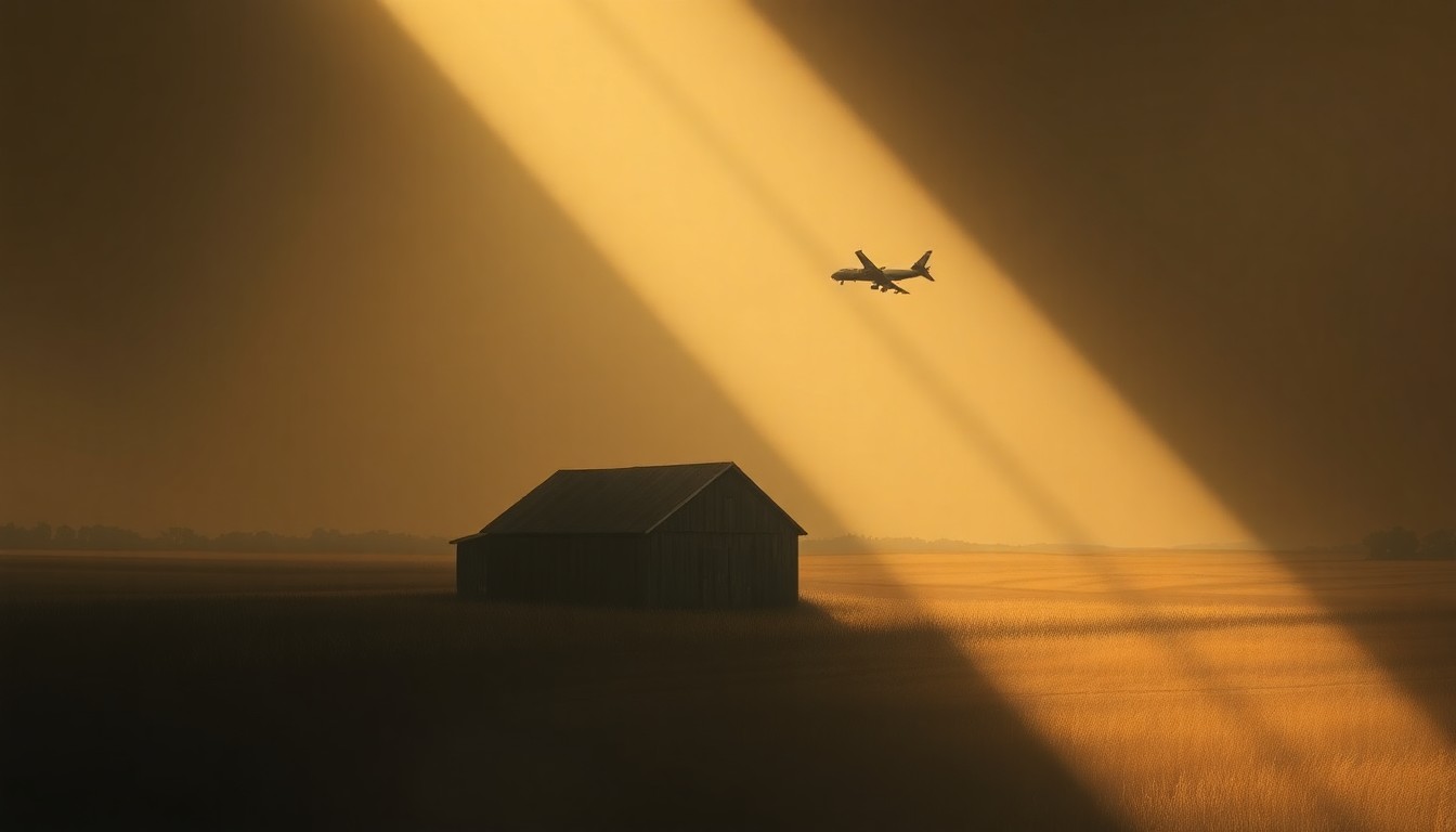 A serene, photorealistic painting of a weathered farmhouse or barn set against a rural landscape, with a military jet flying high overhead in the distance, bathed in warm, golden sunlight and deep shadows, conceptually representing the tension between agricultural land and national security concerns.