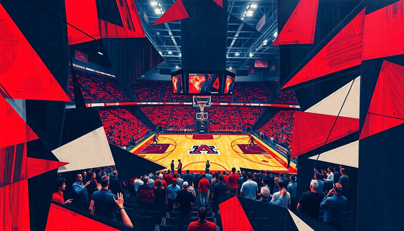 A cubist, geometric painting in shades of red and blue, breaking down a college basketball game into sharp, overlapping shapes and planes, capturing the raw energy and excitement of the sport.