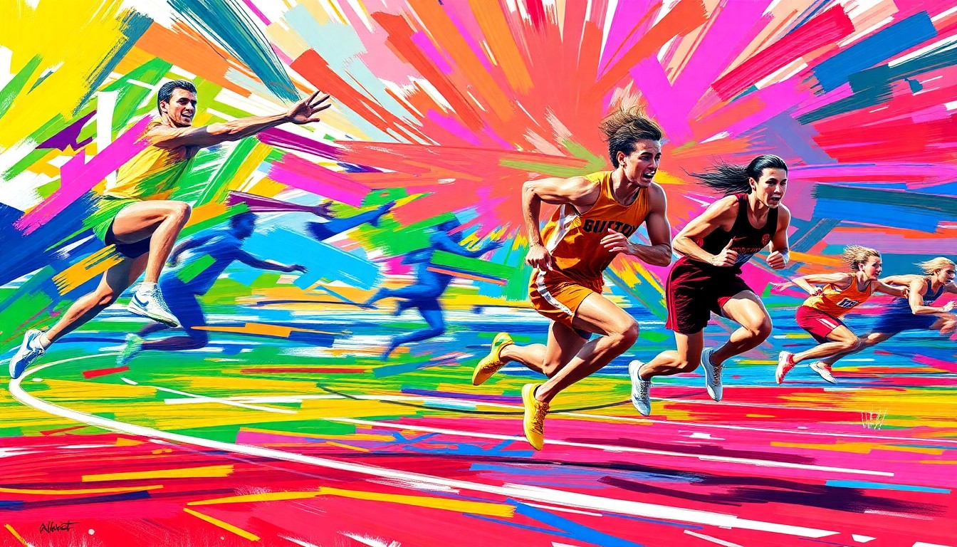 An abstract painting in vibrant neon colors, with rapid brushstrokes capturing the explosive motion and athleticism of a high school track and field competition.