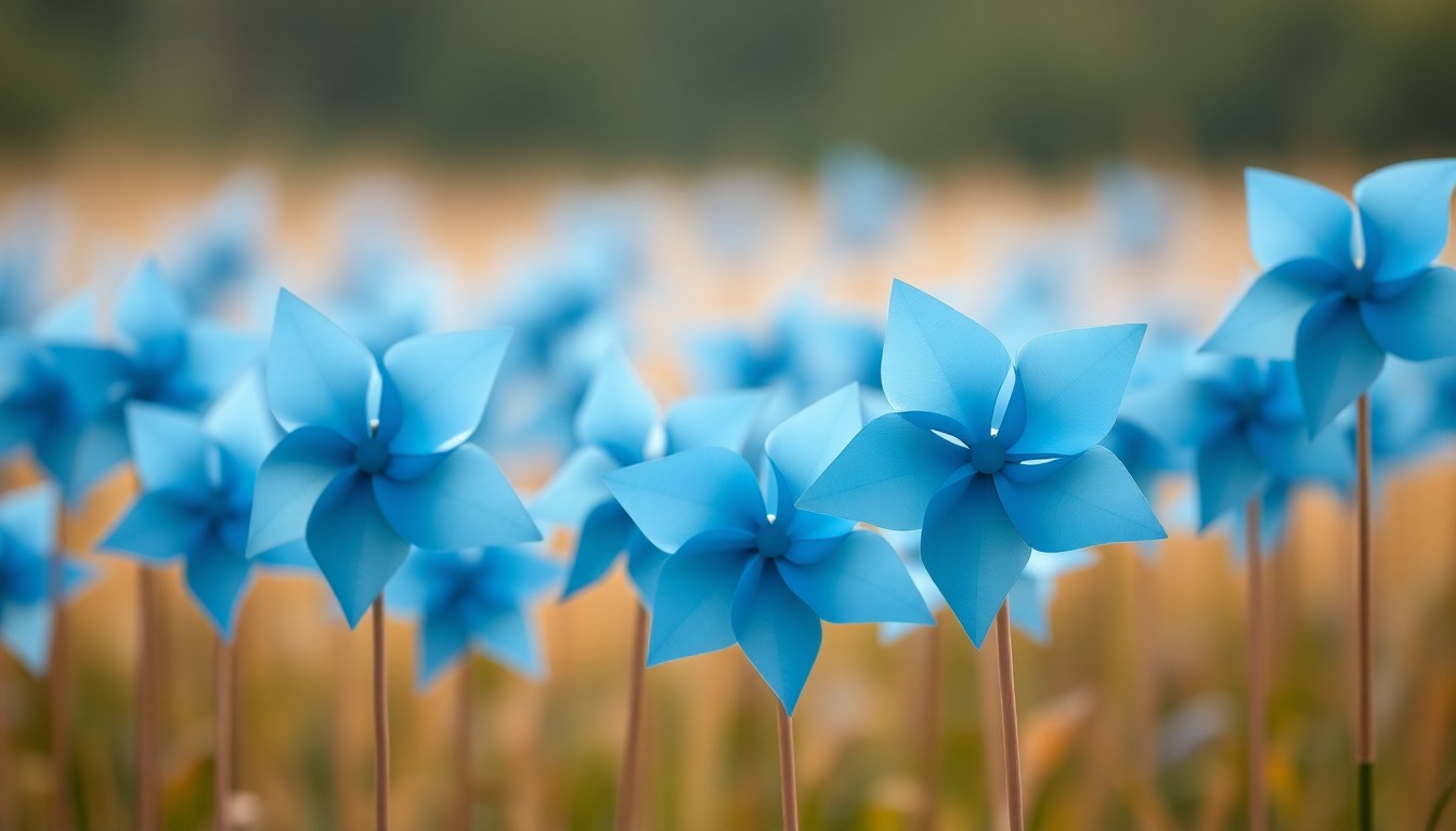 An abstract, impressionistic photograph showing a field of blurred, spinning blue pinwheels in soft, warm lighting, conveying a sense of care and community support.