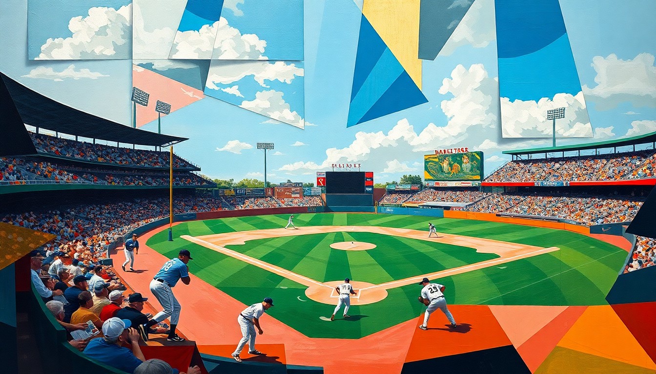 A fragmented, geometric painting depicting a baseball game, with players and the field broken down into sharp, overlapping planes of color and form, capturing the dynamic energy of the sport.