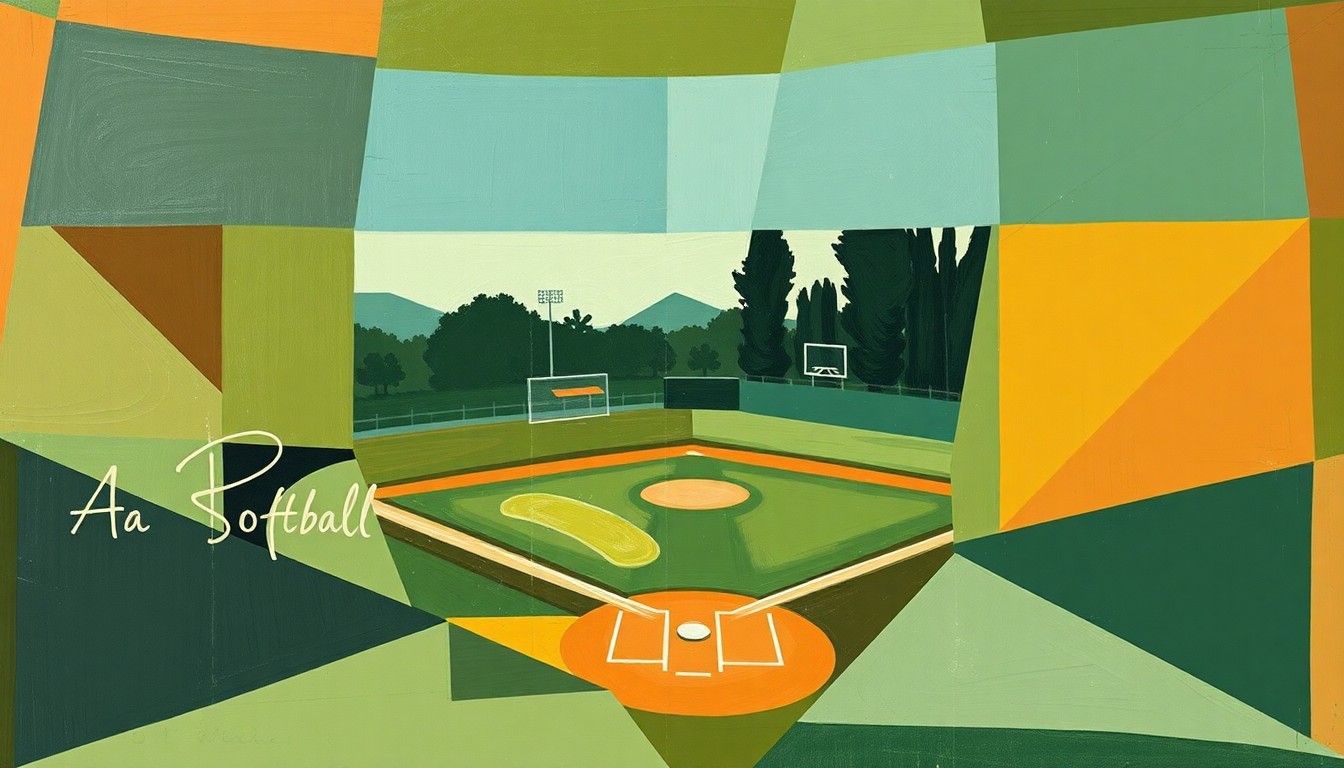 A fractured, multi-perspective painting in an abstract, cubist style, featuring overlapping geometric shapes and planes in earthy tones, representing the competitive nature of a 3A softball game.