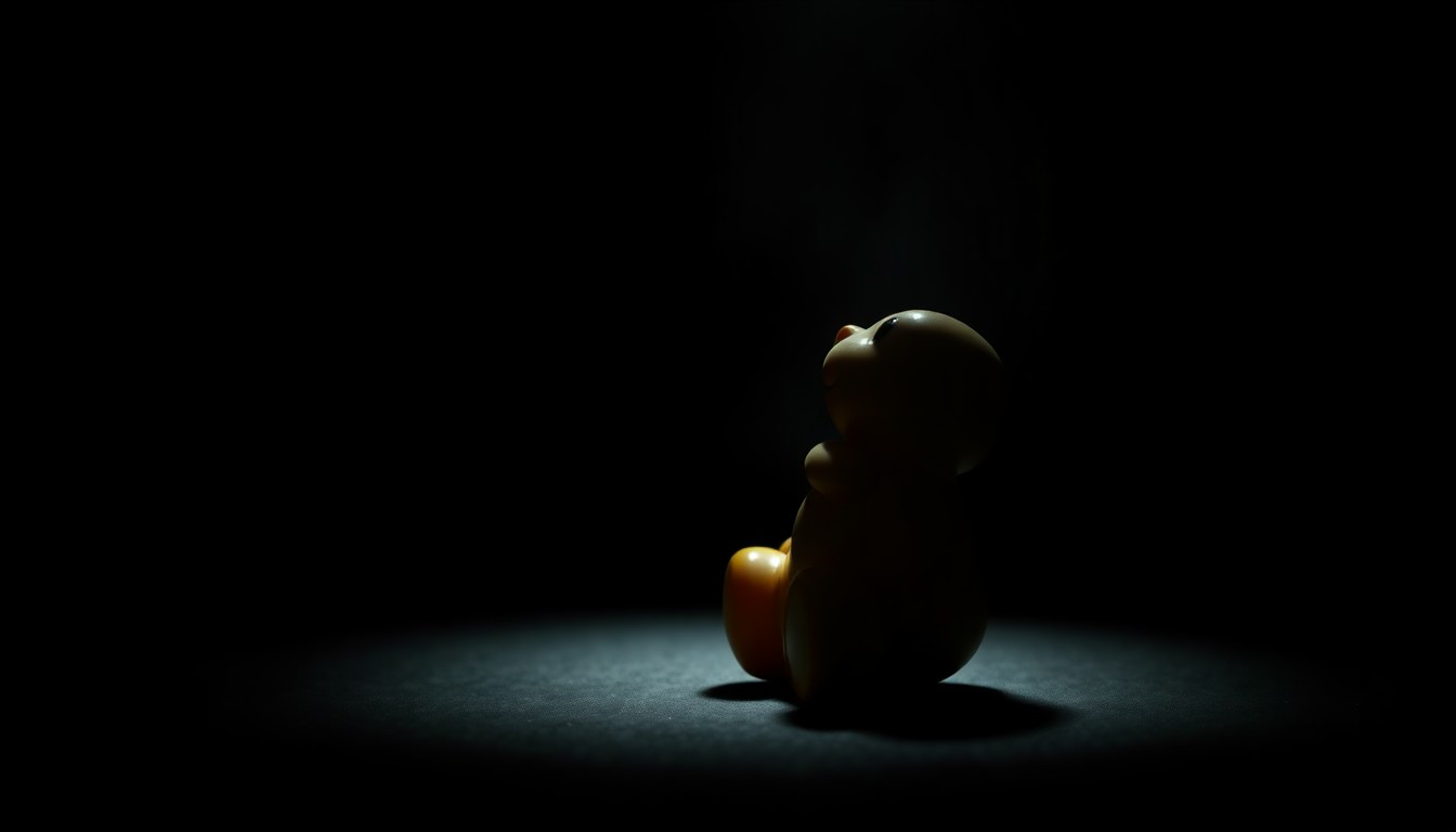 An extreme close-up photograph of a child's toy or other object related to the alleged crime, lit by a harsh, direct camera flash against a pitch-black background, conveying a stark, gritty, investigative aesthetic.