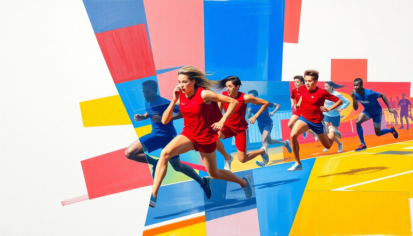 A cubist-style painting featuring sharp, overlapping geometric shapes in vibrant blues, reds, and yellows, conceptually representing the motion and intensity of a high school track and field relay race.
