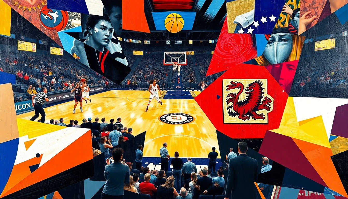 A fragmented, geometric painting in bold colors representing the action and energy of a women's basketball game, with no identifiable players or teams.