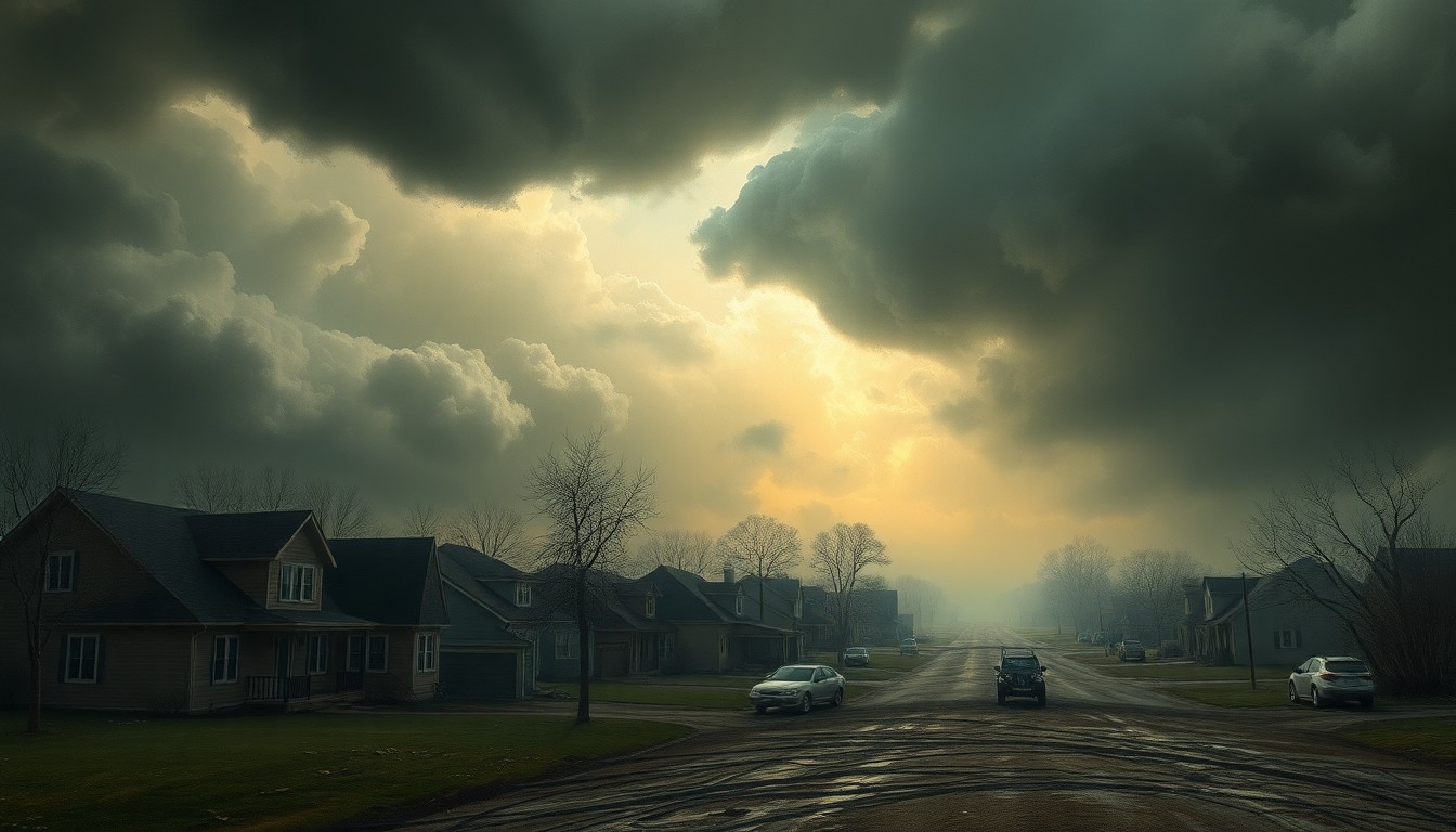 A sweeping landscape painting in muted tones of gray, blue, and green, depicting a storm-ravaged neighborhood with damaged homes and vehicles dwarfed by the dramatic, atmospheric elements of the weather event.
