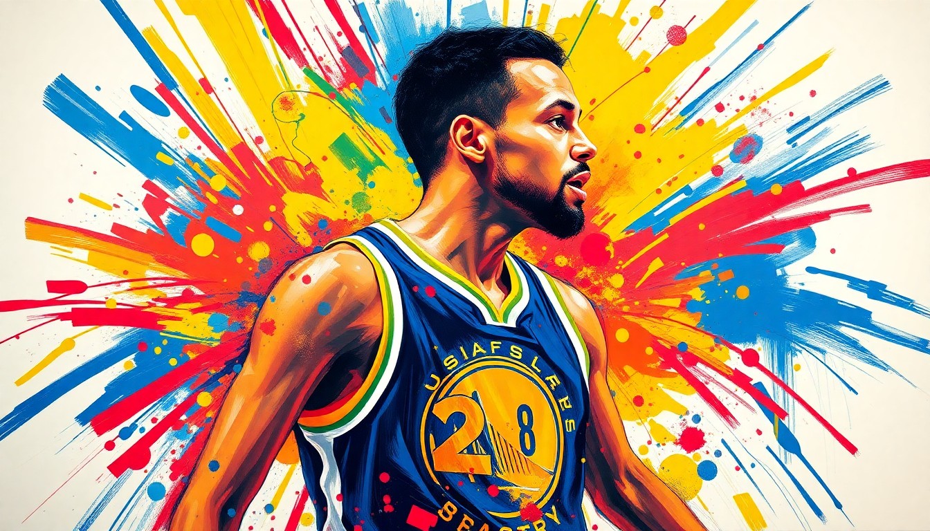 An abstract, expressionist painting in neon colors depicting the dynamic movement and energy of a basketball player, with the player's features and jersey details blurred into vibrant brushstrokes.