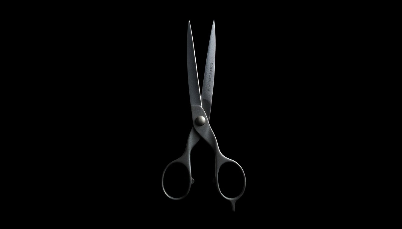 An extreme close-up photograph of a pair of scissors against a pitch-black background, lit by a harsh, direct camera flash, conceptually representing the violent act of stabbing.