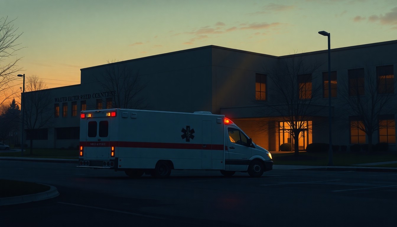 A realistic painting in the style of Edward Hopper, depicting a lone military ambulance parked outside the imposing facade of the Walter Reed National Military Medical Center. The scene is bathed in warm, golden sunlight, with deep shadows casting a somber mood over the quiet, cinematic setting.