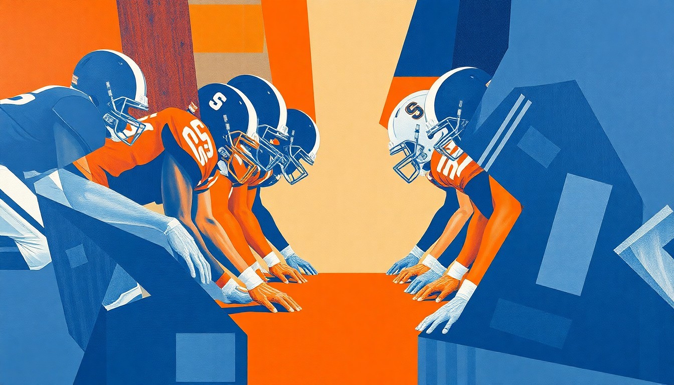 A cubist, geometric painting depicting the fragmented, overlapping forms of a college football offensive line, rendered in shades of orange and blue to represent Syracuse University.