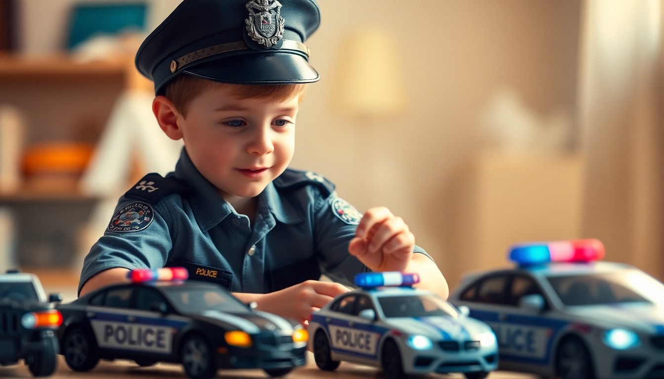 An extremely abstracted, out-of-focus photograph of a young boy playing with toy police cars and other law enforcement-themed toys, surrounded by a warm, hazy light that captures the joy and wonder of a child's fascination with the world of law enforcement.