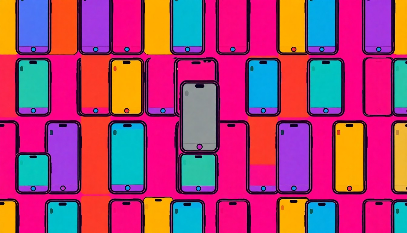 A grid of brightly colored, silkscreen-style smartphone icons in neon shades of blue, pink, and yellow, conceptually representing the debate over restricting student access to mobile devices during school hours.