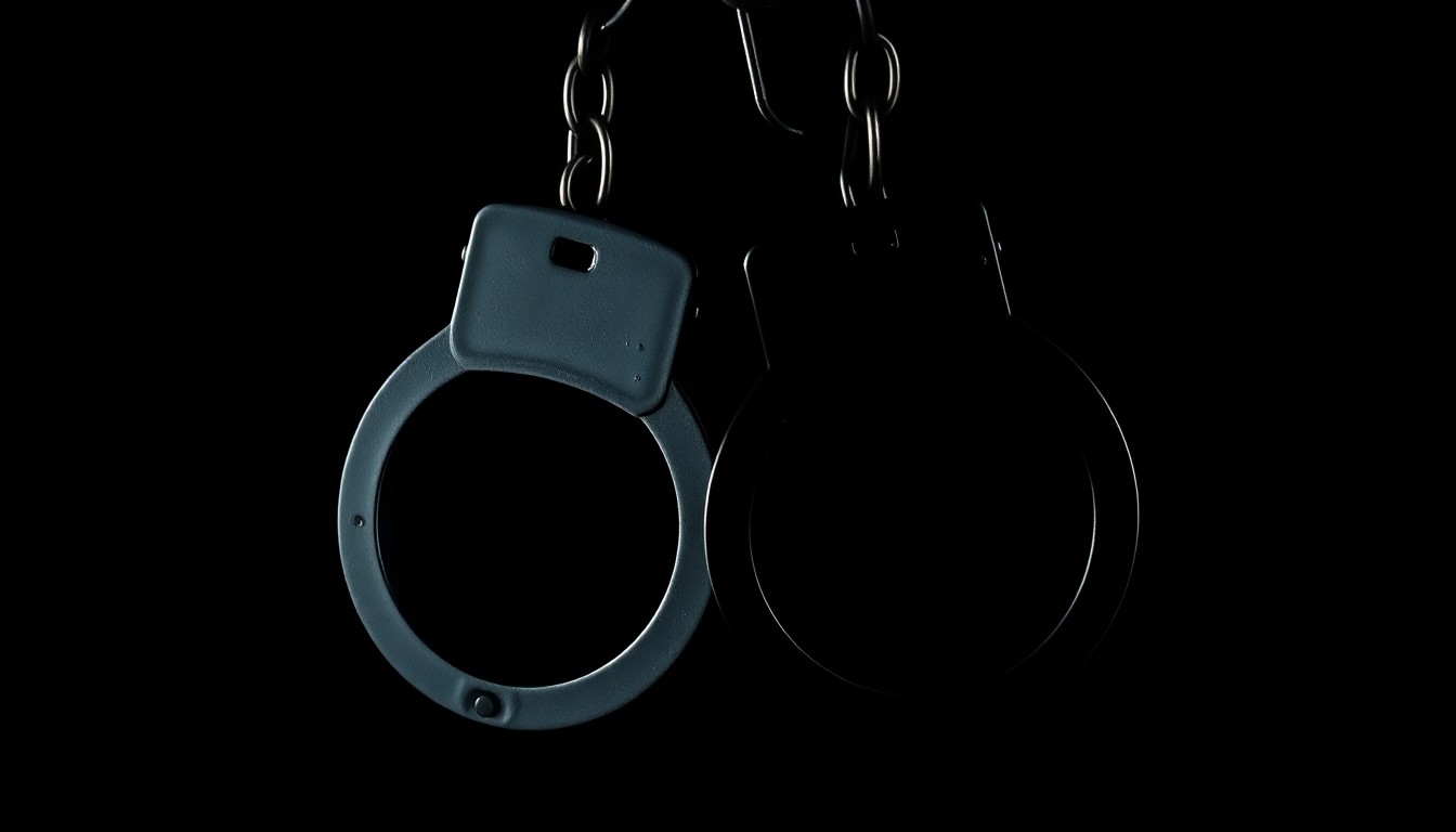 An extreme close-up photograph of a set of handcuffs against a pitch-black background, lit by a harsh, direct camera flash, conceptually representing the harsh consequences of a violent crime.