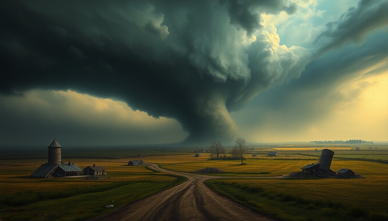 A sweeping, atmospheric landscape painting in muted tones of gray, blue, and green, with a massive, swirling tornado dominating the center of the frame and partially obscuring the damaged structures and debris in the distance, conveying the overwhelming scale and power of the natural disaster.