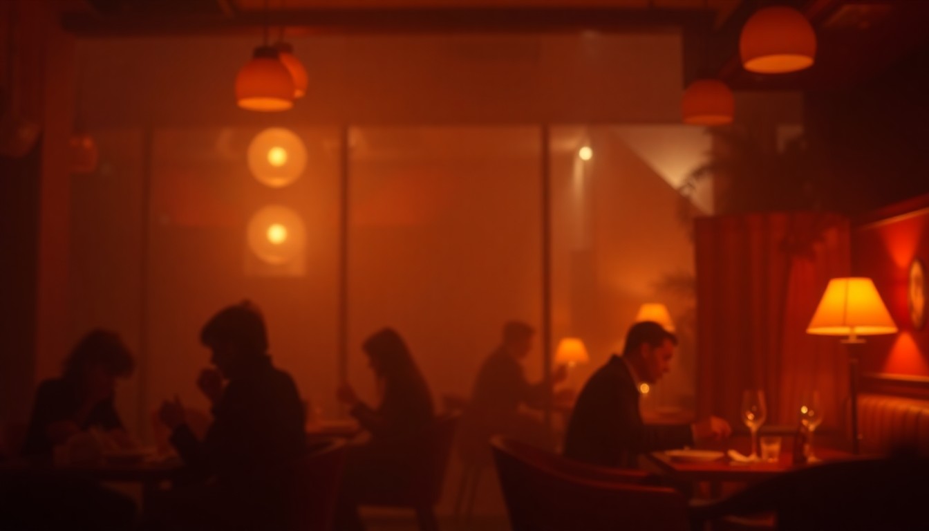 A blurred, impressionistic photograph in soft, golden tones depicting the interior of a restaurant, with the silhouettes of diners visible through the hazy, out-of-focus lens.