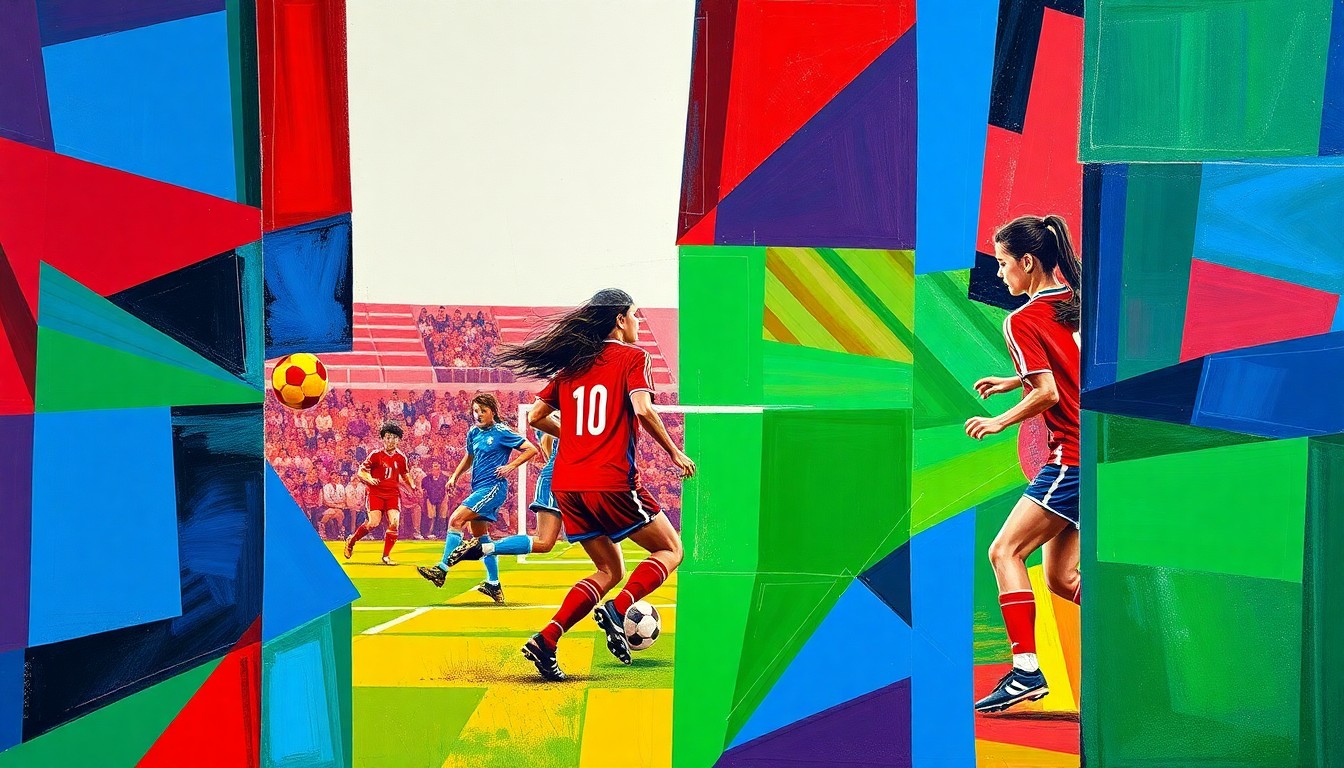 A dynamic, cubist-inspired painting depicting the action and energy of a high school girls soccer match, with the players and field broken down into fragmented geometric shapes and planes of color.