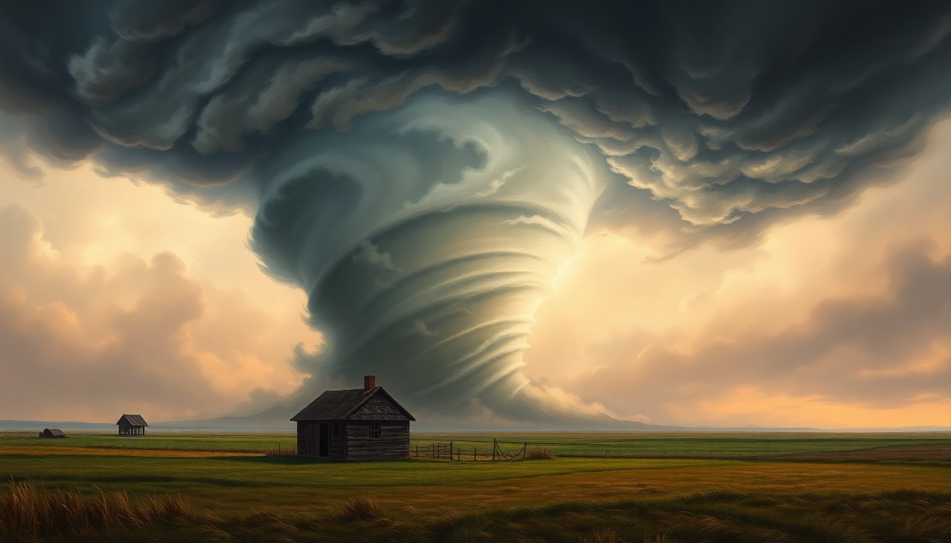 A dramatic landscape painting in the style of Caspar David Friedrich, showing a massive, swirling tornado in the distance dwarfing a small rural shed in the foreground, conveying the overwhelming power of the natural disaster.