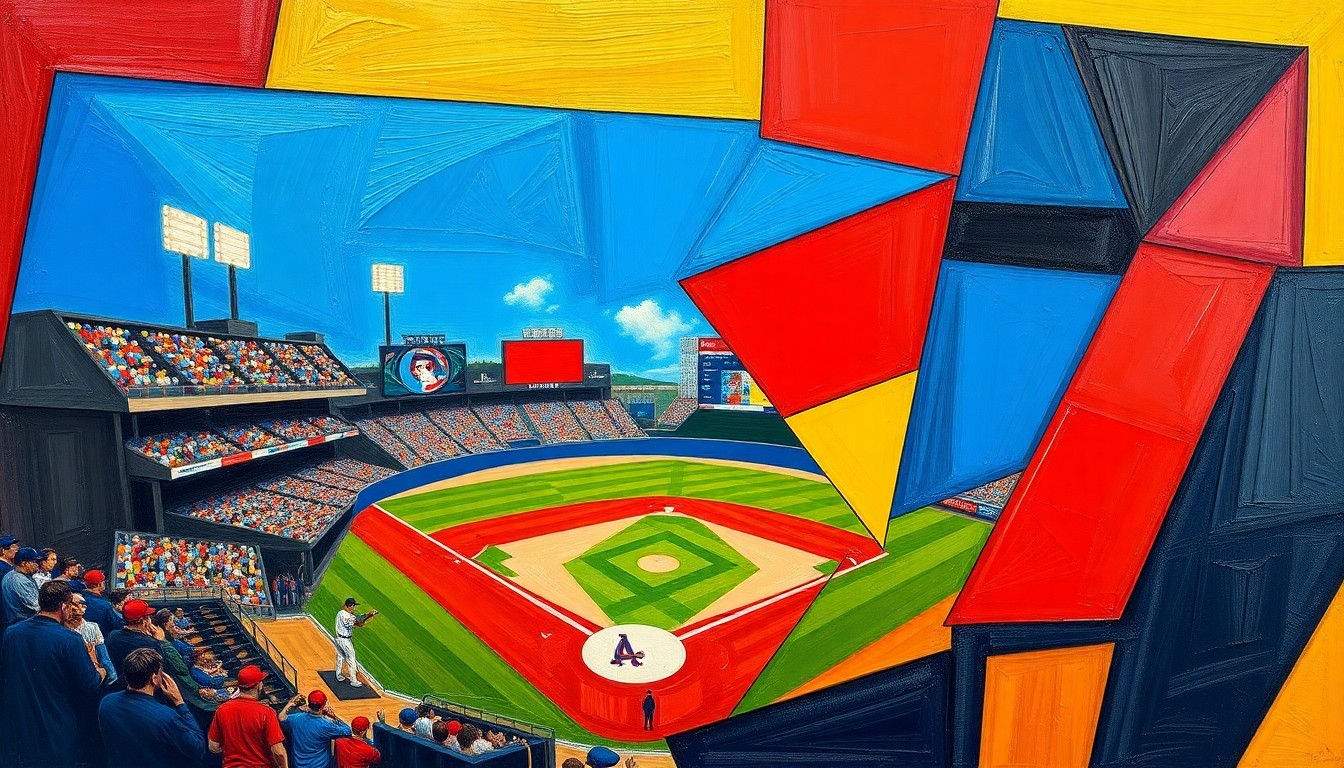 A cubist, geometric painting depicting a baseball game, with the players and field broken down into sharp, overlapping shapes and planes in a vibrant color palette.